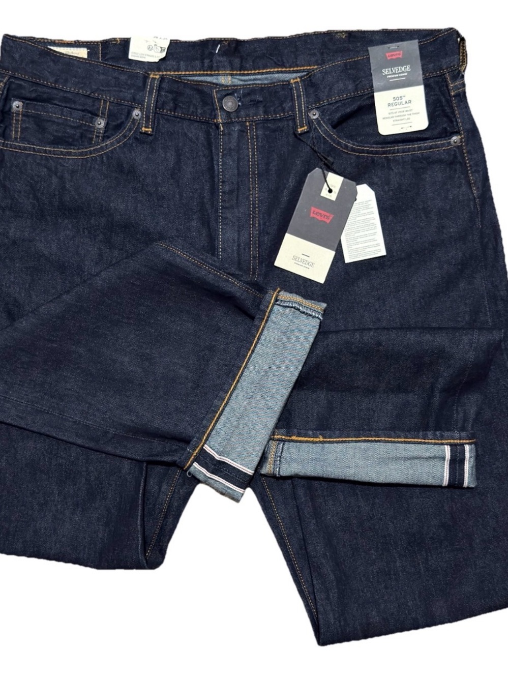 NWT Levi's 505 Regular Fit Selvedge Jeans Dark Wash 38x34 Men's Straight Leg